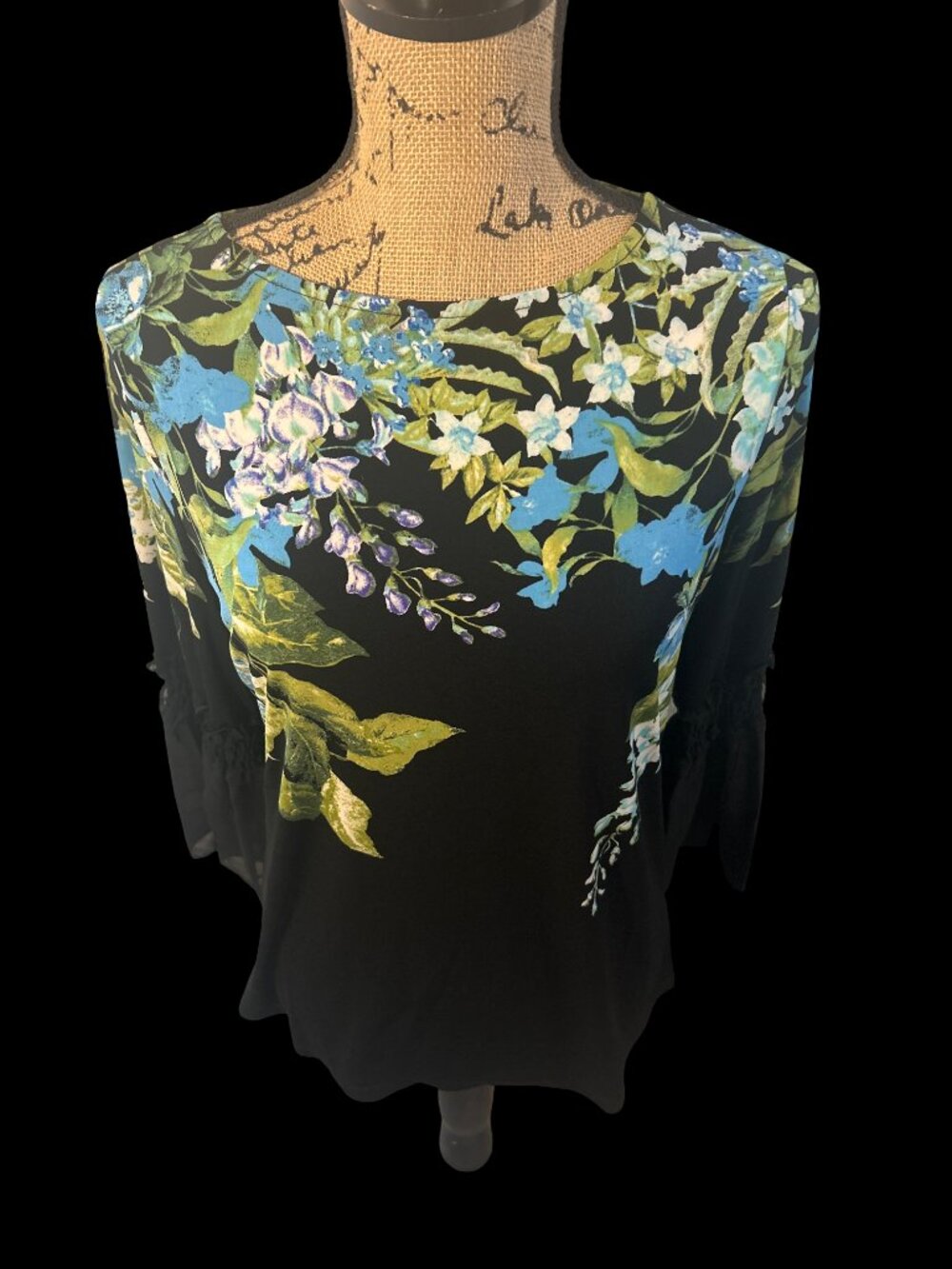 VTG Susan Graver Black Blue Floral BOHO Chiffon Bell Sleeve Top Womens XS